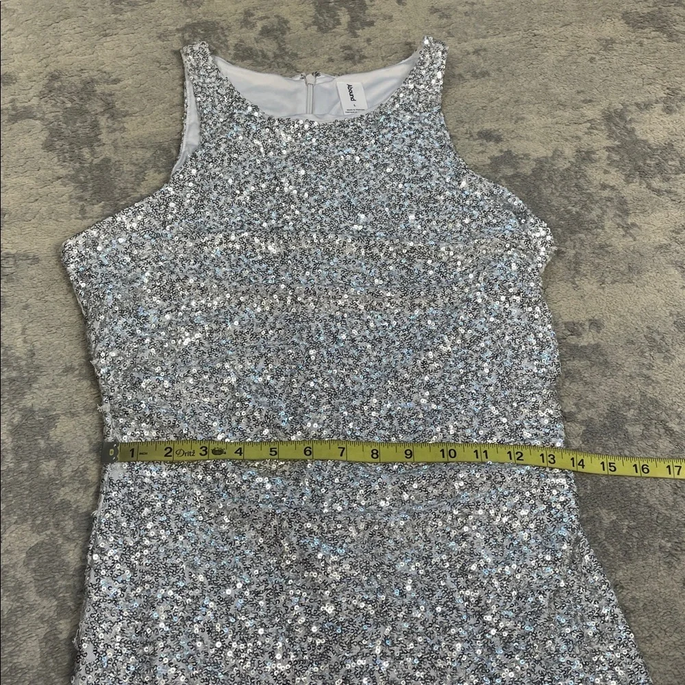 Abound Silver Sequin Stretch Bodycon Dress Sleeveless Sparkle Sz L - Picture 8 of 13